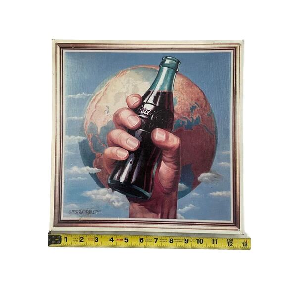 Coca Cola Metal Sign Vintage 13X13 Hand with Cola Bottle Globe Sky Clouds - Picture 1 of 2